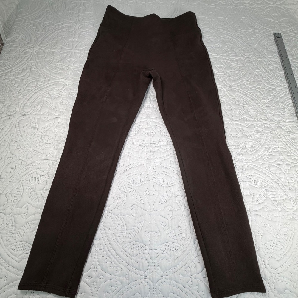 Spanx Faux Suede Leggings Chocolate Brown Petite Medium High Rise Pull‎ On Pants